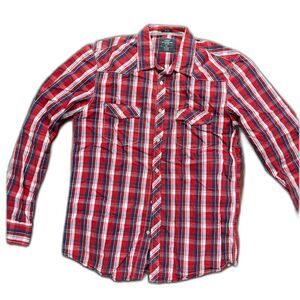 Men's L.O.G.G 100% Cotton Red, Blue & White Plaid Fitted Button Front Shirt L